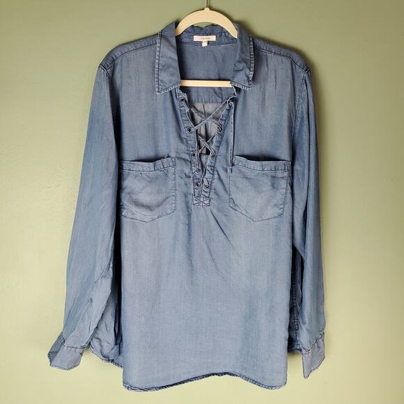 Maurices Womens Plus Size Denim Chambray Lace Up Top Size 2X - Picture 1 of 7